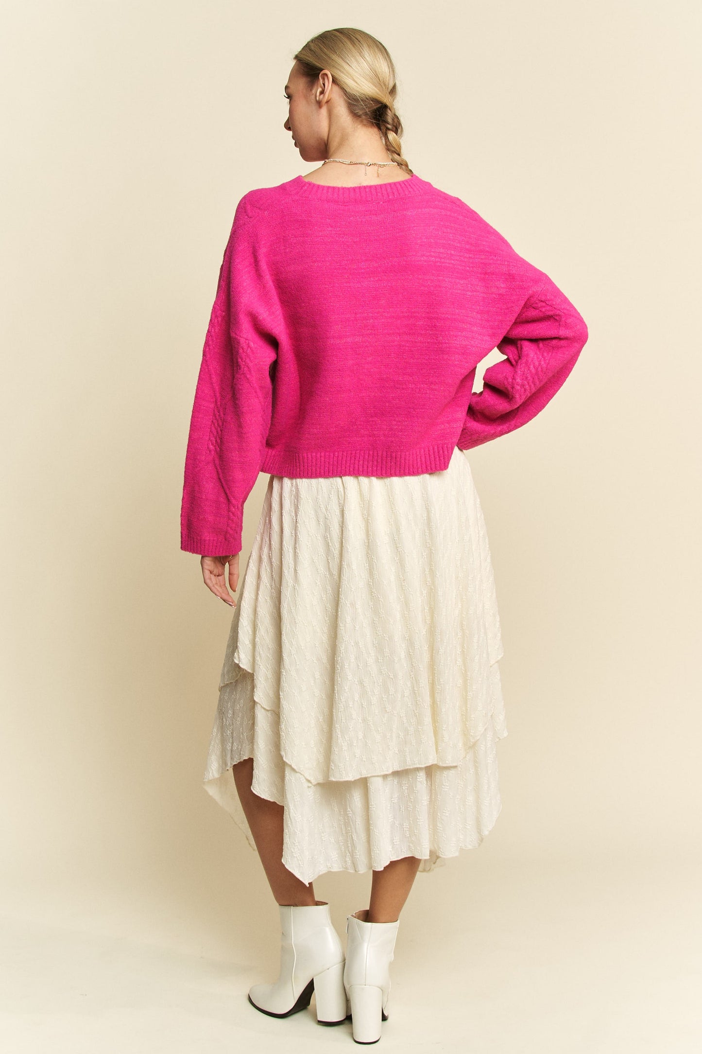 Davi & Dani Diamond Cable Pattern Drop Shoulder Cropped Knit Sweater | Pink