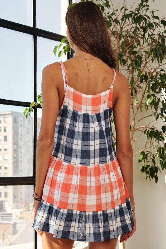 ADORA Plaid Pattern Tiered Adjustable Spaghetti Strap Babydoll Cami Top | Peach