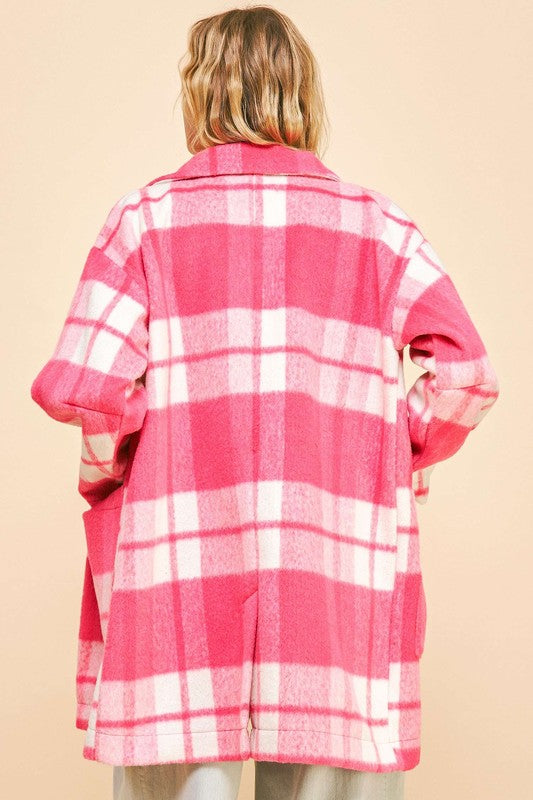 Davi & Dani Checker Plaid Pocket Drop Shoulder Open Front Coat Jacket | Hot Pink