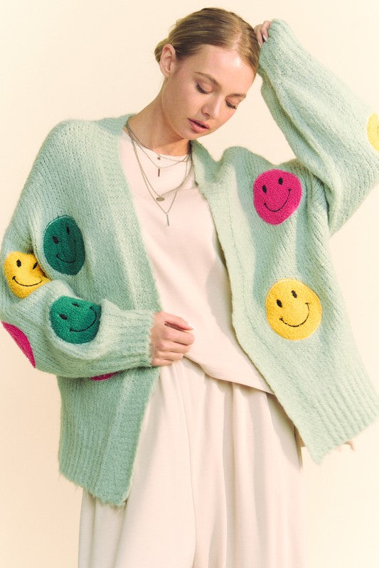 Davi & Dani Fuzzy Smile Long Bell Sleeves Oversized Open Knit Cardigan | Sage