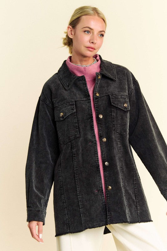 Davi & Dani Washed Corduroy Raw Hem Button Up Relaxed Fit Retro Shacket | Black