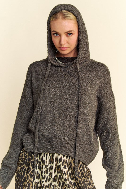 Davi & Dani Drop Shoulder Long Sleeves Drawstring Hooded Sweater | Charcoal