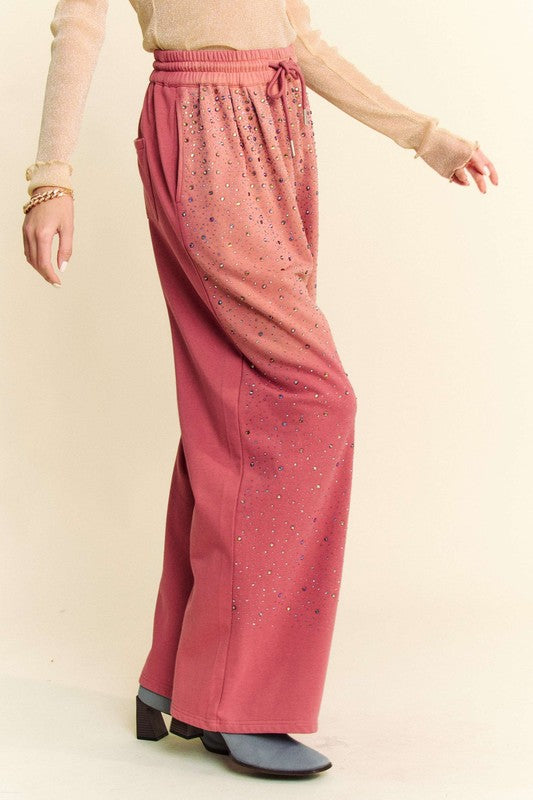 Davi & Dani Sparkling Rhinestone Pockets Drawstring Wide Leg Pants | Deep Rose