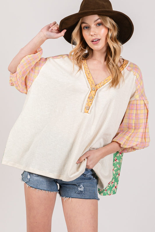 SAGE + FIG Color Block Plaid Print Bubble Short Sleeves Oversized Blouse | Ivory