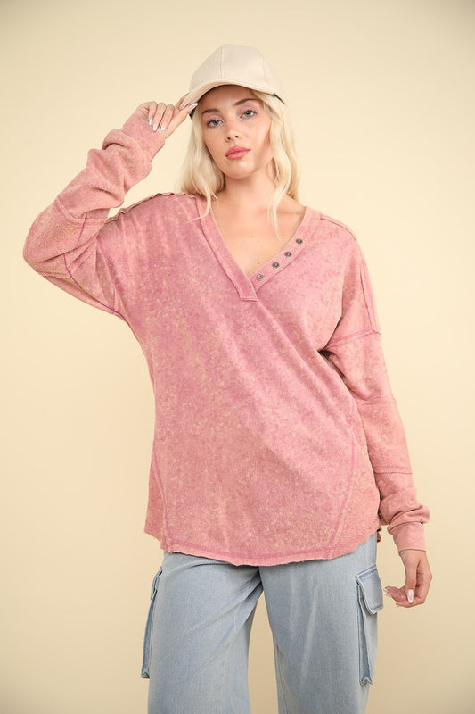 VERY J Washed V-Neck Raw Edge Button Trim Curve Hem Oversized Knit Top | Mauve