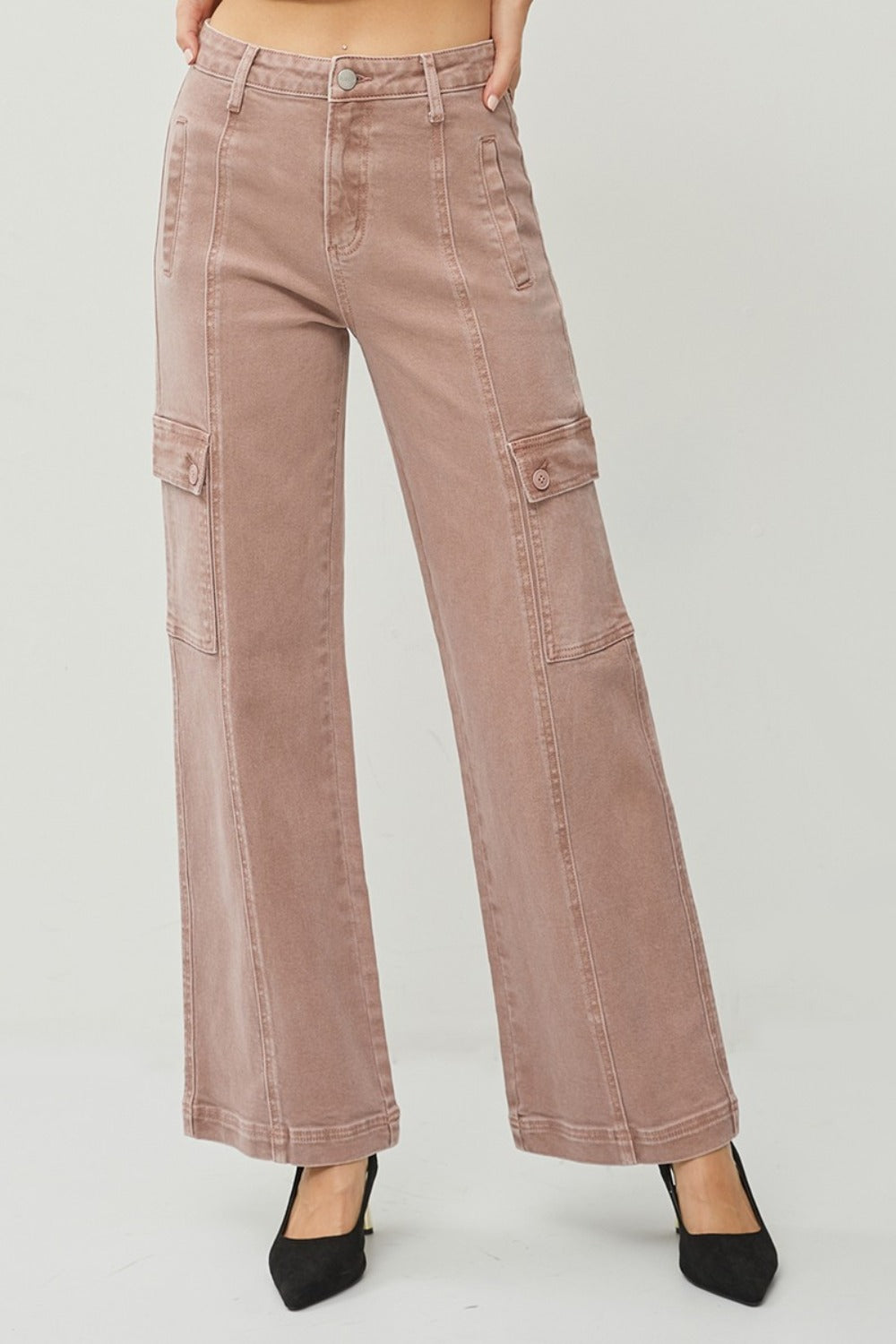 RISEN High Rise Cargo Pockets Zipper Fly Stretchy Wide Leg Denim Jeans | Mauve