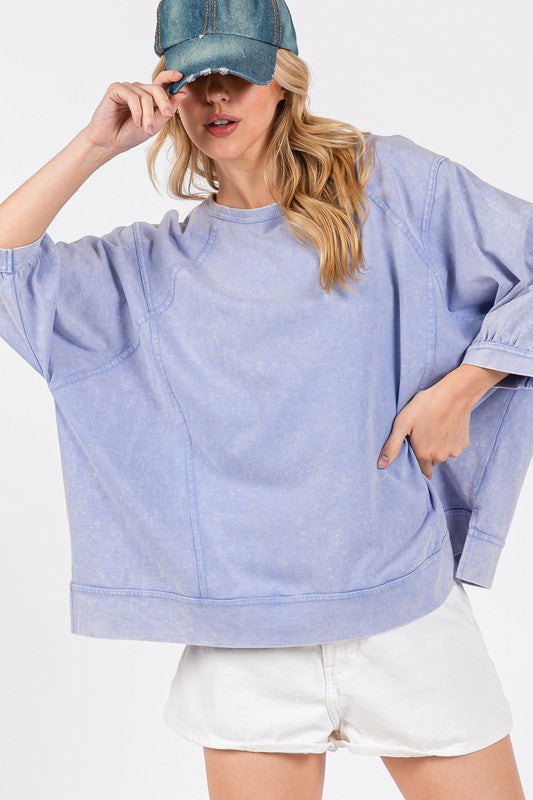 SAGE + FIG Mineral Washed Side Slit Round Neck Relaxed Fit Sweatshirt | Blue