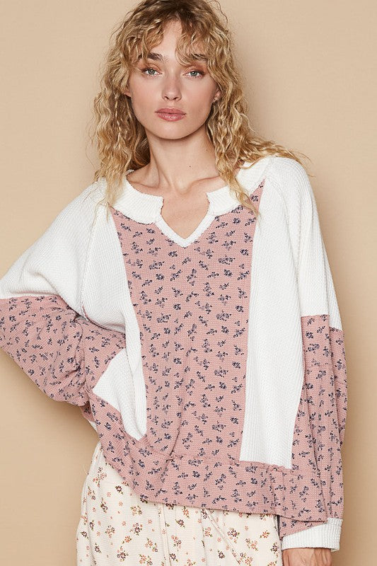 POL Waffle Knit Notched Neck Long Sleeves Floral Print Oversize Top | White