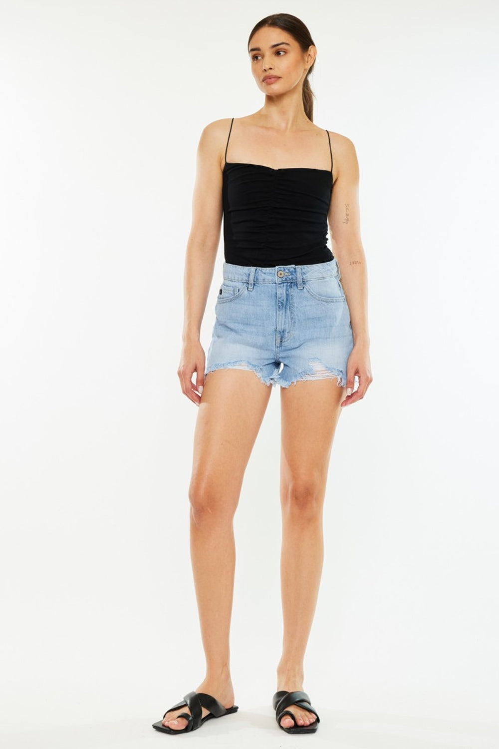 KanCan Raw Hem Distressed High Waist Light Wash Denim Shorts