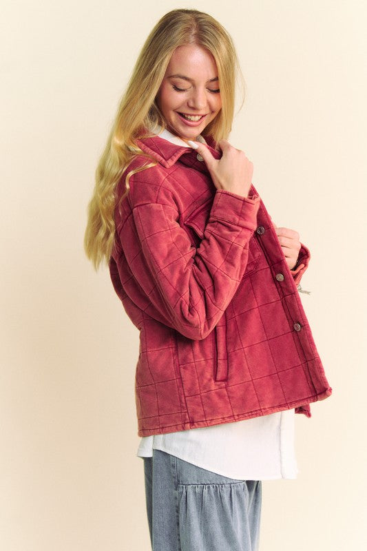 Davi & Dani Mineral Wash Quilted Button Down Chest Pockets Shacket | Brick