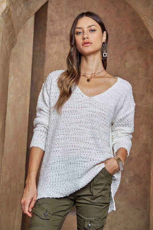 ADORA High-Low Hem Side Slit V-Neck Soft Popcorn Relaxed Fit Sweater | White