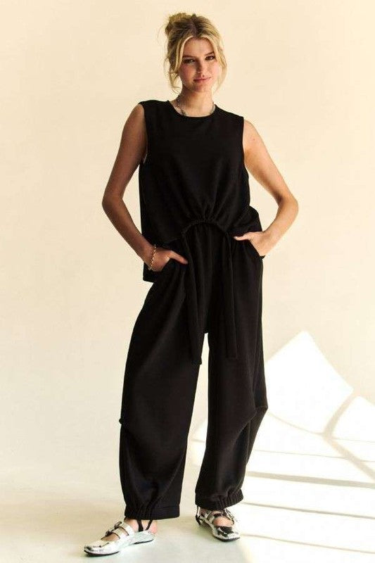 Davi & Dani Drawstring Hem Crew Neck Tank Top &  Elastic Waist Pants Set