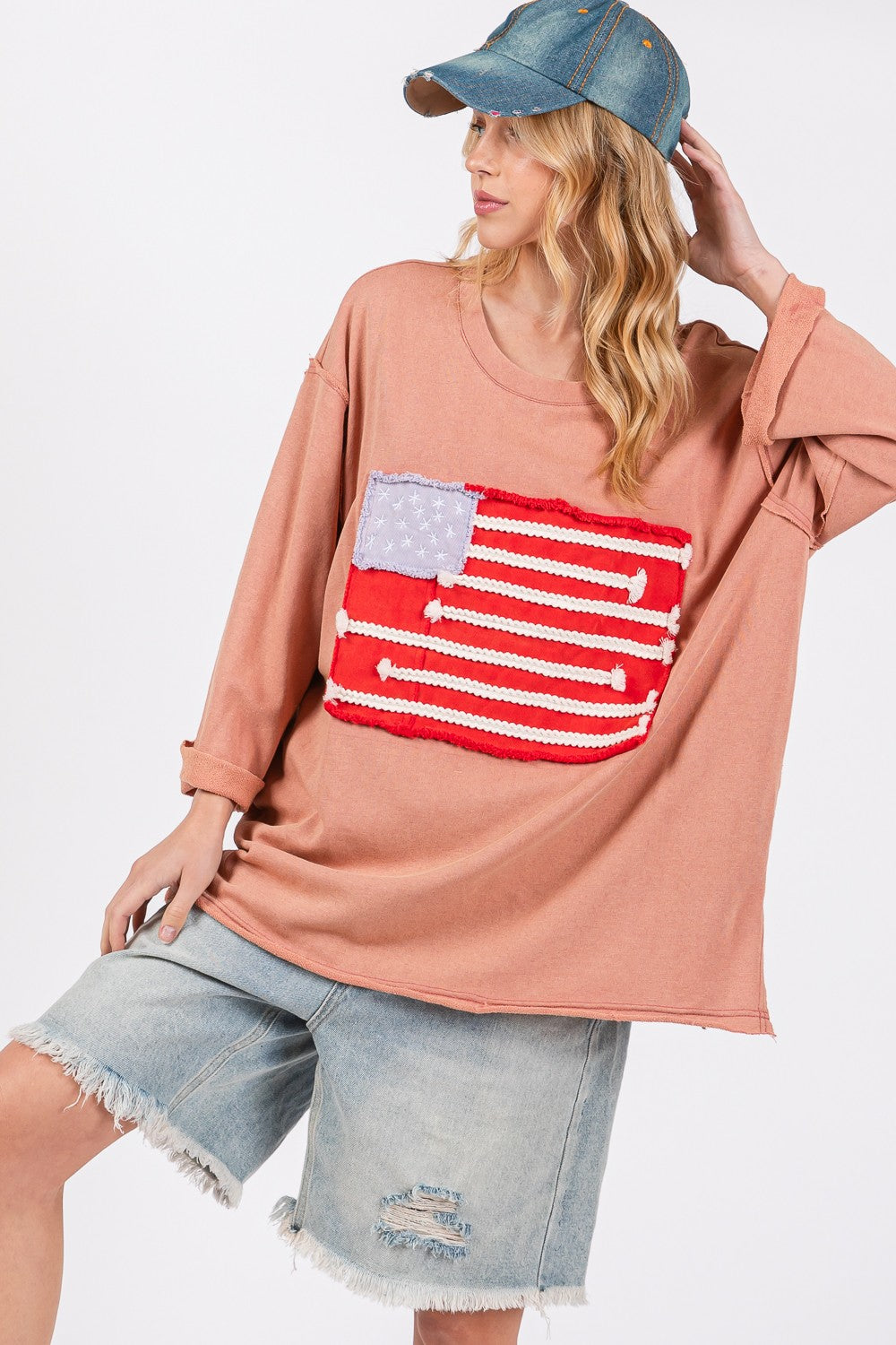 SAGE + FIG American Flag Patch Drop Shoulder Half Sleeves T-Shirt | Indian Pink