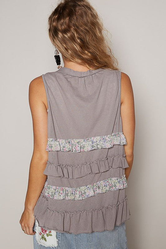 POL Floral Pattern Ruffle Detail Sleeveless Flowy Open Front Cardigan | Grey