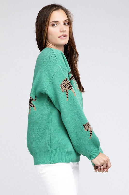 BiBi Relaxed Fit Tiger Pattern Long Sleeves Pullover Sweater