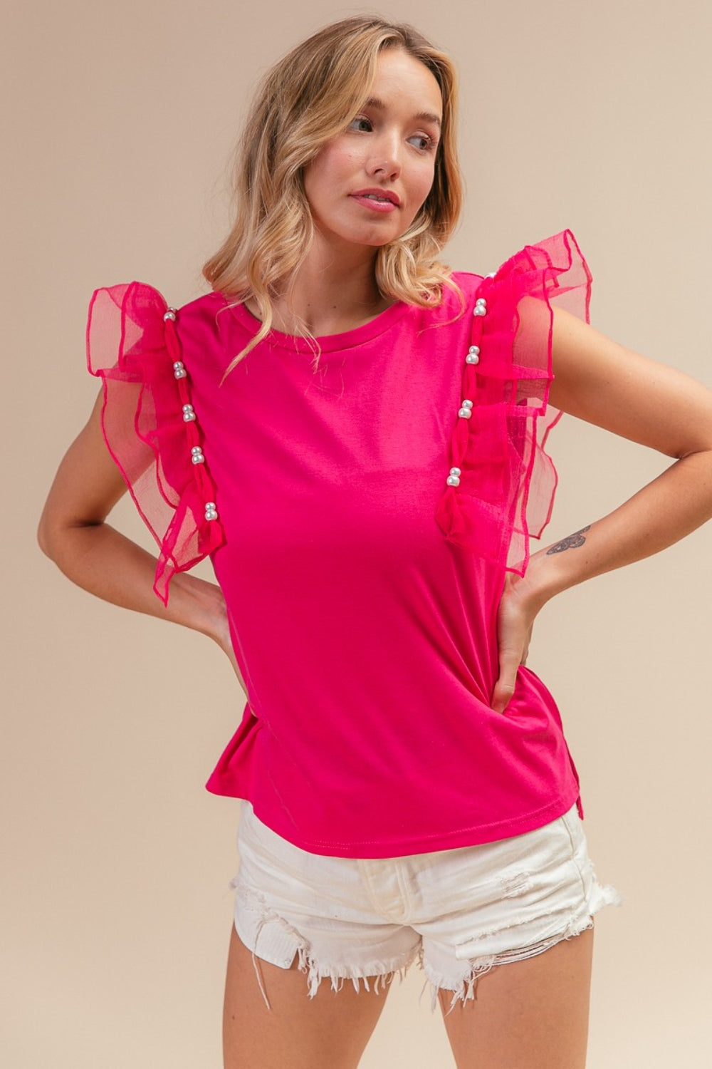 BiBi Pearl Decor Mesh Ruffle Sleeves High-Low Hem Round Neck Top | Fuchsia