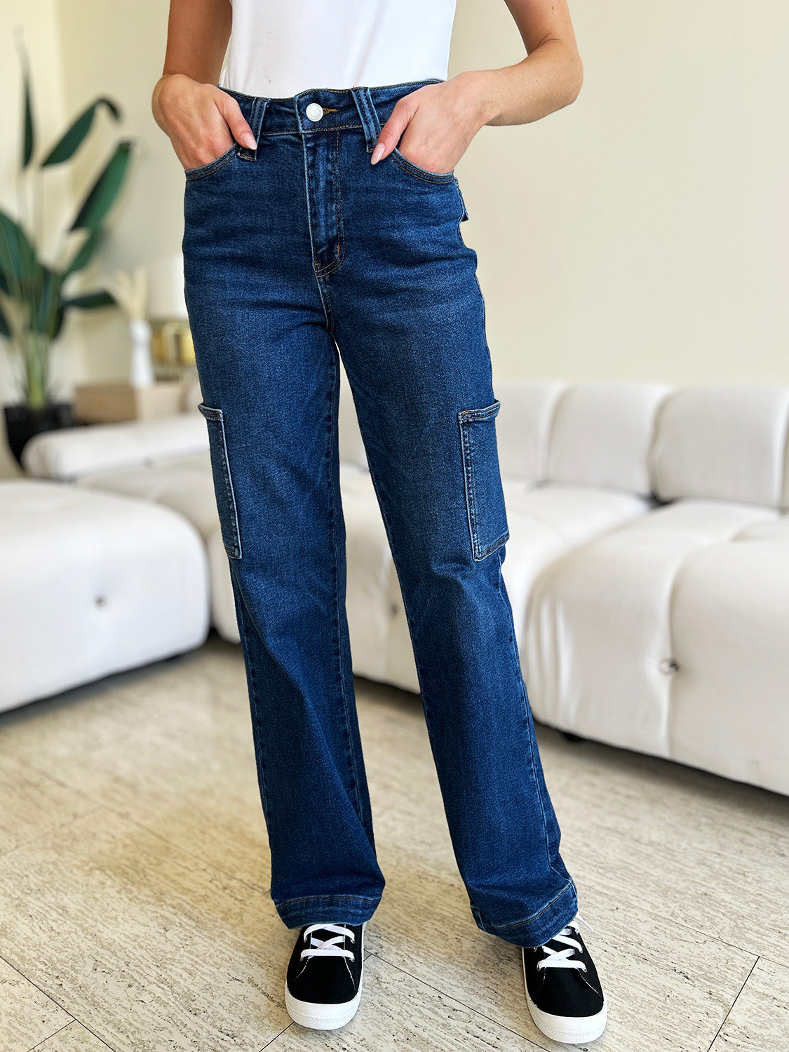 Judy Blue Full Size High Waist Cargo Pockets Dark Wash Straight Denim Jeans