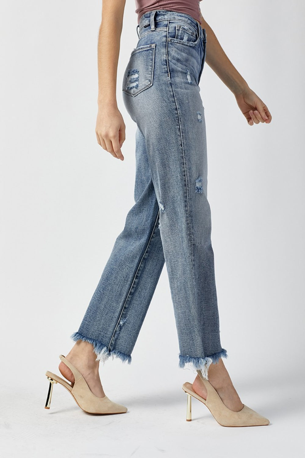 RISEN High Waist Raw Hem Distressed Light Wash Cropped Straight Denim Jeans