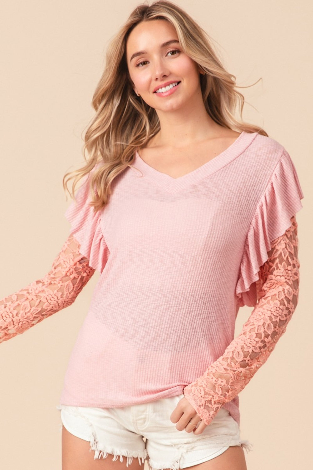 BiBi Ruffled Lace Sleeves V-Neckline Ribbed Knit Top