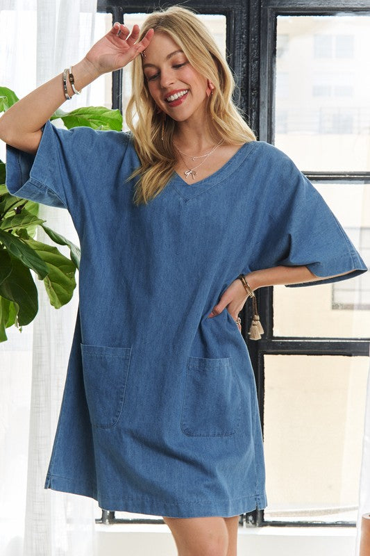 ADORA Vintage Edge V-Neck Half Sleeves Front Pockets Mini Denim Dress | Blue