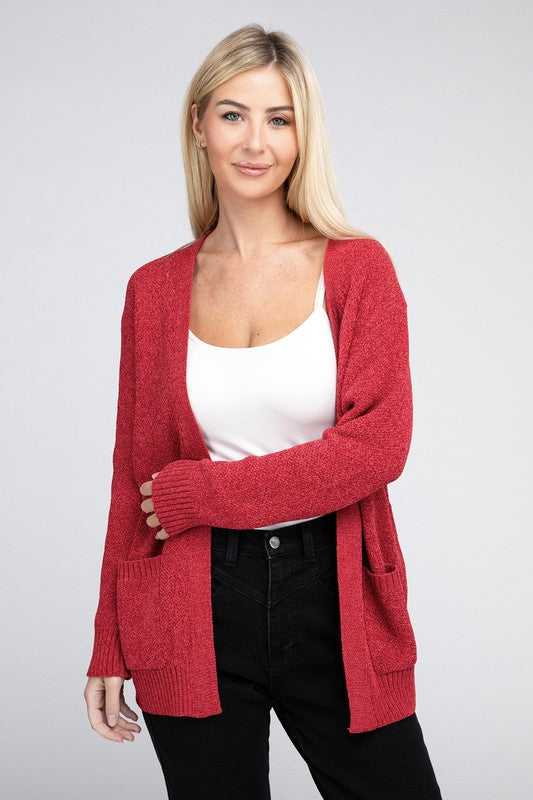 ZENANA Melange Open Front Sweater Cardigan with Pockets