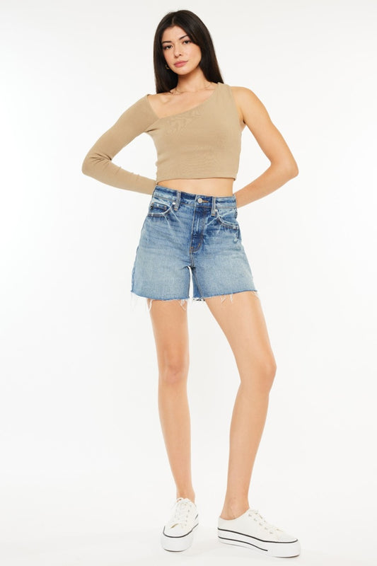 KanCan Full Size Raw Hem High Waist Zipper Fly Medium Wash Denim Shorts