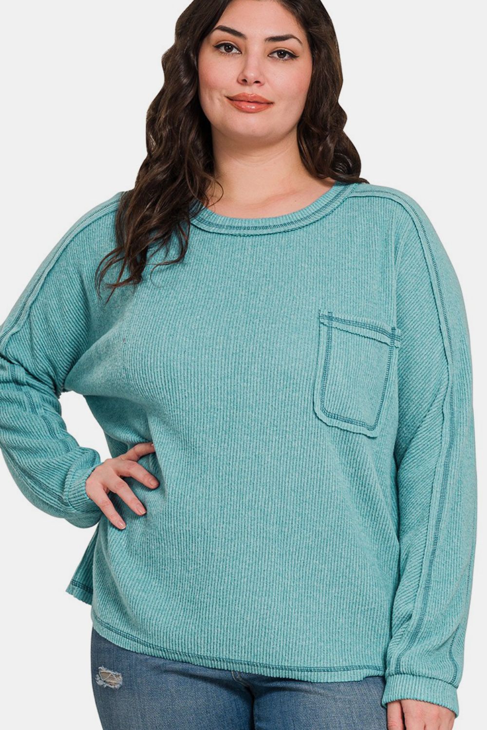 Zenana Contrast Stitching Brushed Ribbed Hacci Round Neck Knit Top | Dusty Teal