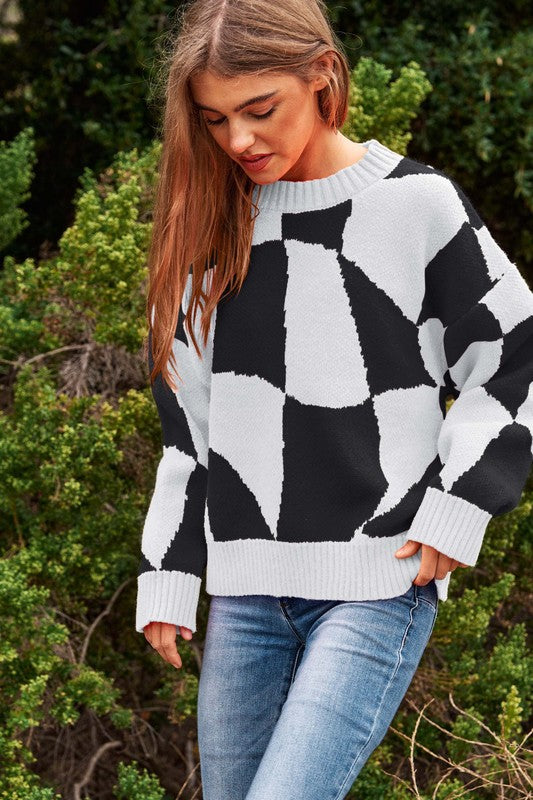 Davi & Dani Multi Geo Checker Oversized Pullover Knit Sweater