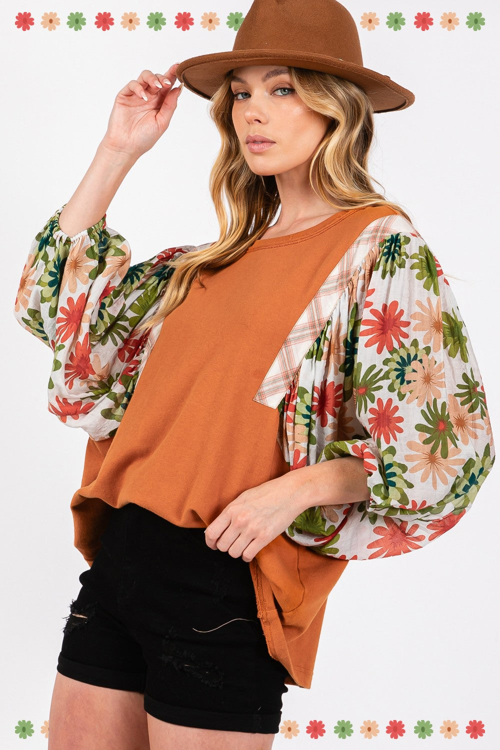 SAGE + FIG Floral Printed Balloon Sleeves Contrast Round Neck Knit Top | Caramel