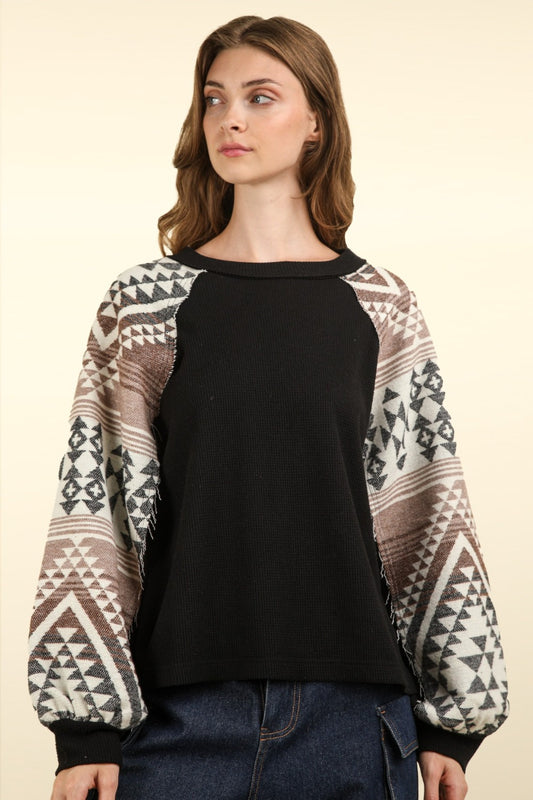 VERY J Aztec Printed Long Sleeves Round Neck Oversized Cozy Knit Top | Black