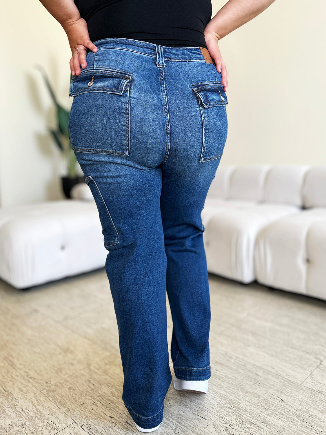 Judy Blue Full Size High Waist Cargo Pockets Dark Wash Straight Denim Jeans