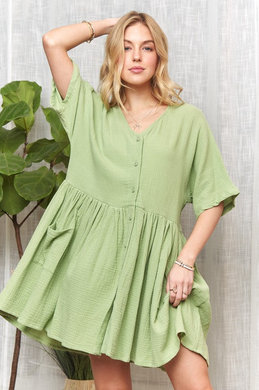 ADORA V-Neck Half Sleeve Dress with Pockets | Dusty Green