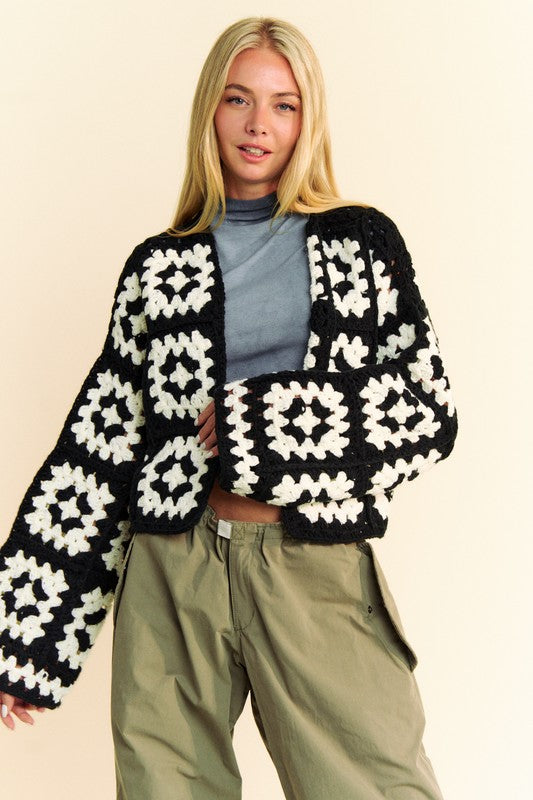 Davi & Dani Full Size Two Tone Flower Square Crochet Open Front Cardigan | Black