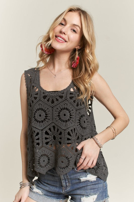 ADORA Crochet Detail Scoop Neck Wide Shoulder Strap Knit Tank Top | Charcoal