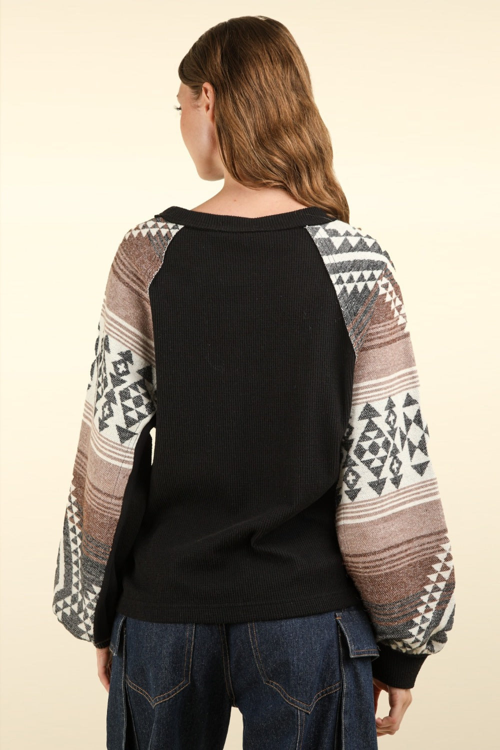 VERY J Aztec Printed Long Sleeves Round Neck Oversized Cozy Knit Top | Black