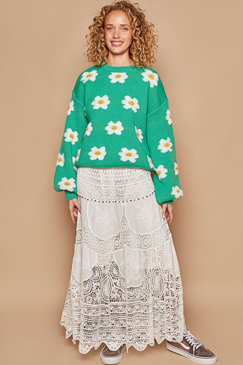 POL Daisy Pattern Drop Shoulder Round Neck Oversized Pullover Sweater | Shamrock