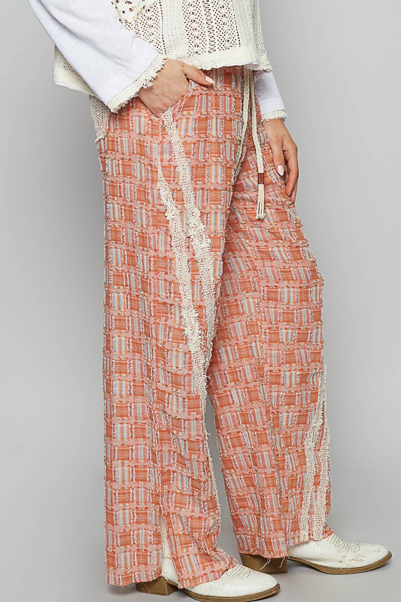 POL Lace Trim Drawstring Checkered Pattern Roomy Fit Wide Leg Pants | Orange