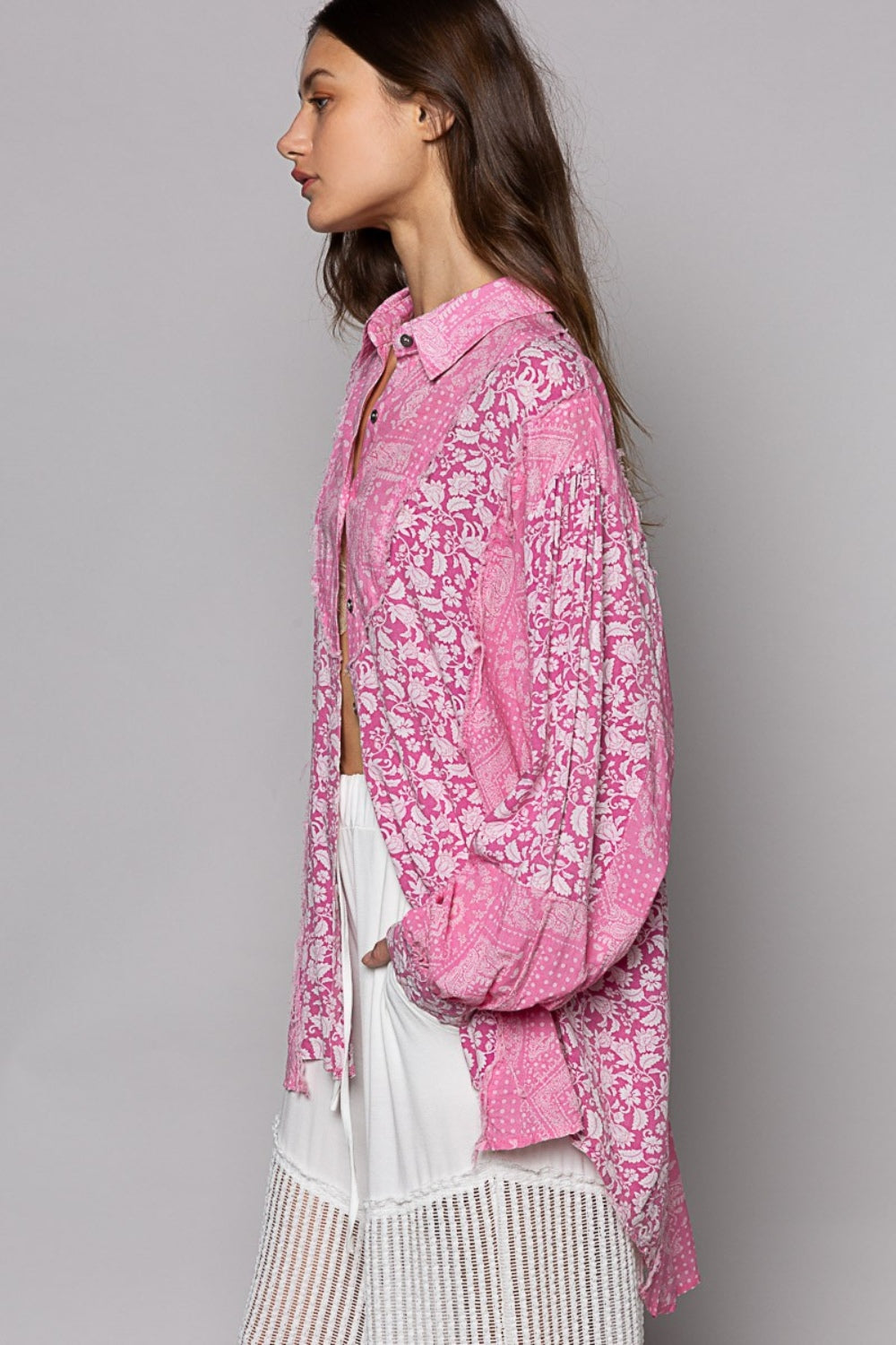 POL Button Down Long Sleeves Paisley Pattern High-Low Hem Oversized Shirt | Pink