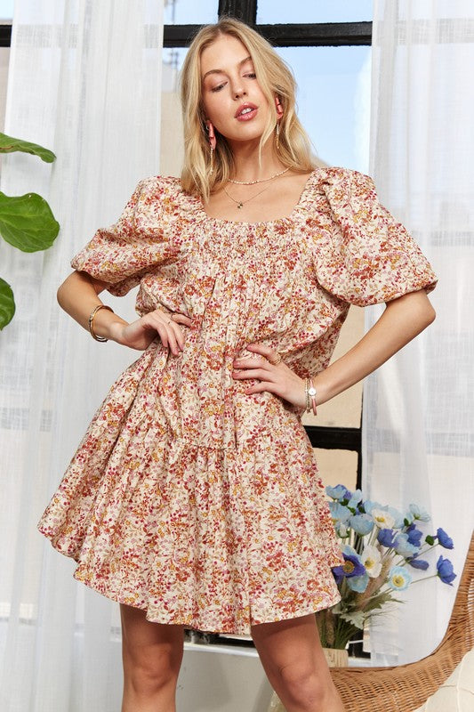 ADORA Floral Square Neck Puff Sleeve Dress |Orange