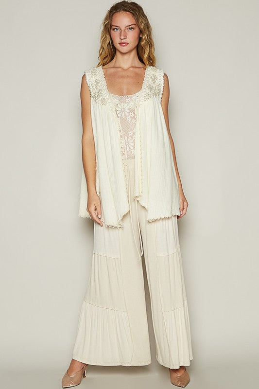 POL Embroidered Pearl Detail Layering Open Front Sleeveless Cardigan | Cream