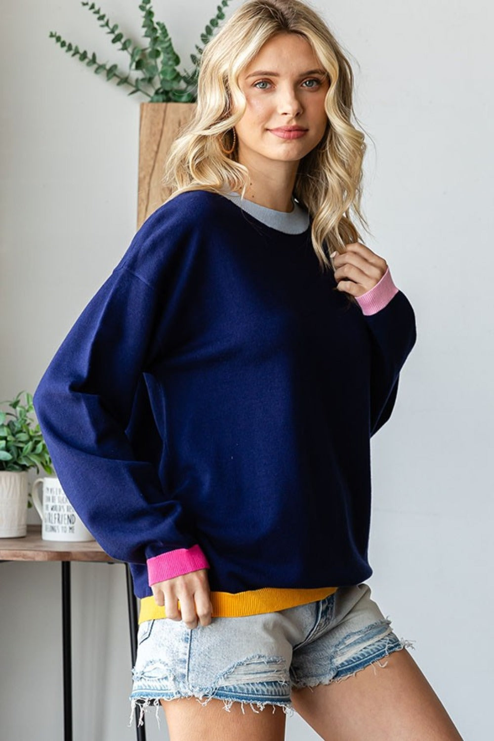 First Love Contrast Ribbed Round Neck Long Sleeves Pullover Sweater | Navy