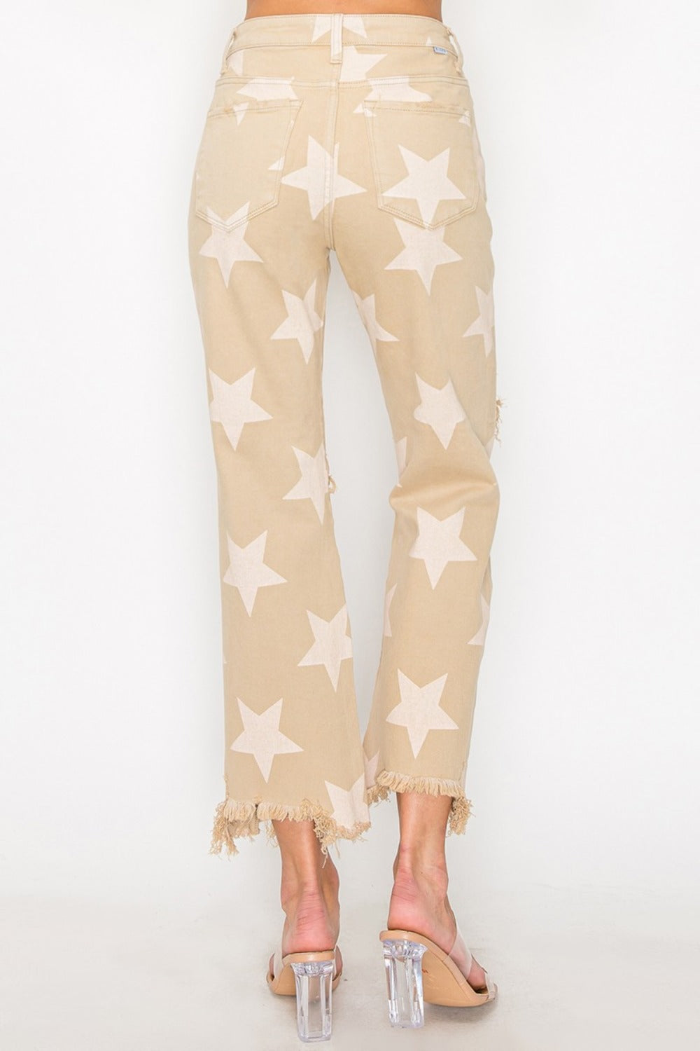 RISEN High Rise Star Printed Distressed Frayed Hem Straight Denim Jeans | Khaki