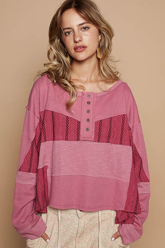 POL Half Button Color Block Drop Shoulder Thermal Roomy Fit Knit Top | Cerise