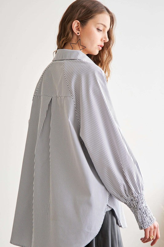 ADORA High-Low Striped Print Button Down Smocked Cuff Sleeves Shirt | Gray