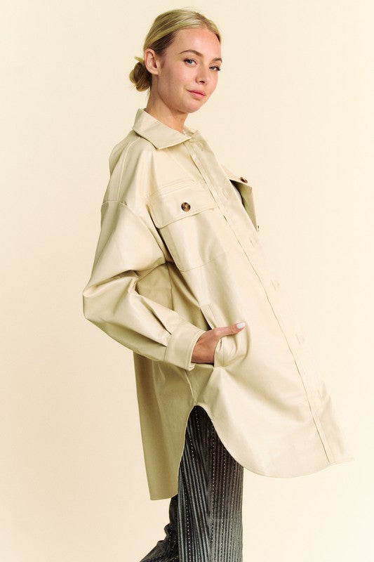 Davi & Dani Faux Leather Long Sleeves Button Up Chest Pockets Jacket | Beige