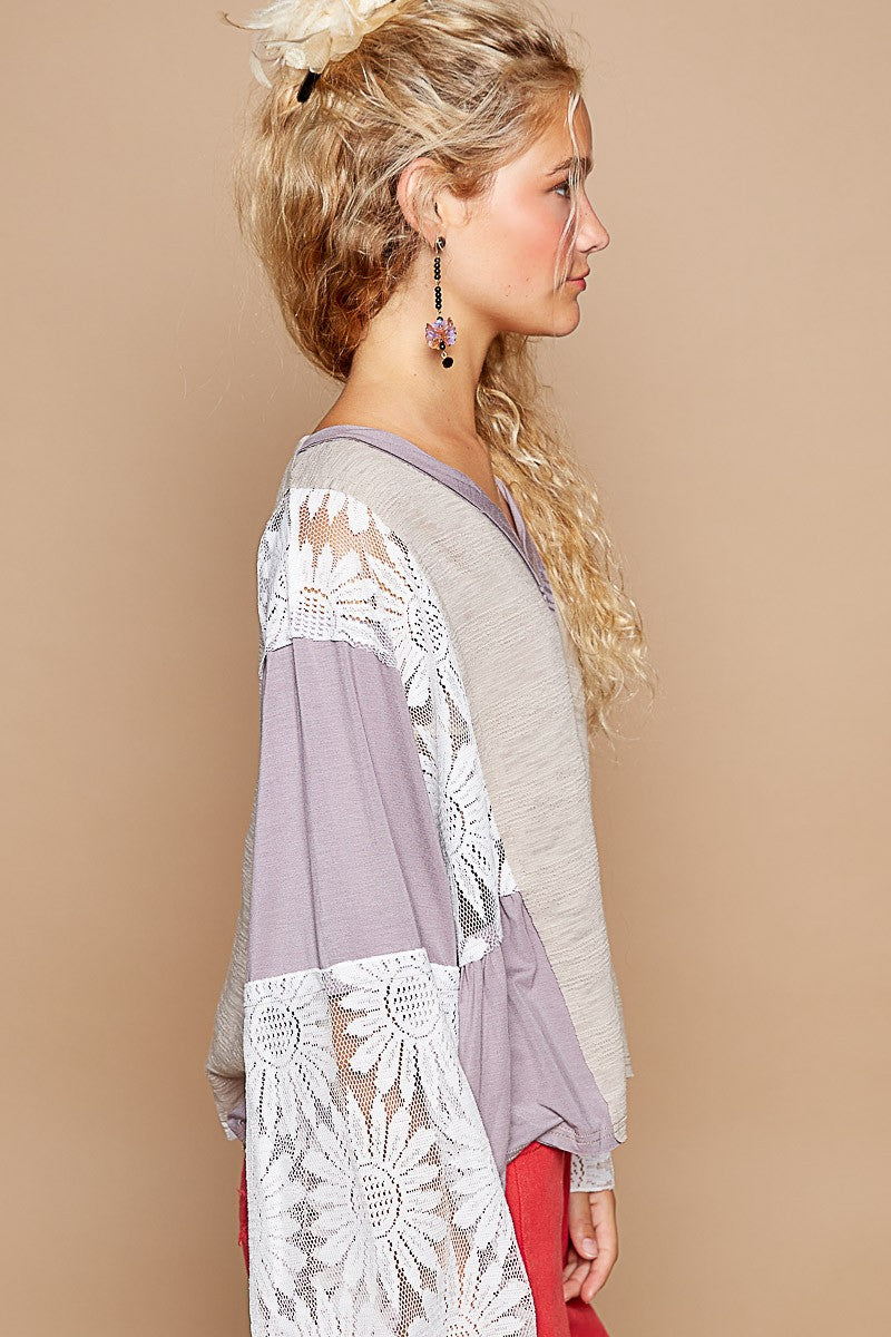 POL Floral Lace Details V-Neck Long Flare Sleeves Relaxed Fit Blouse | Gray