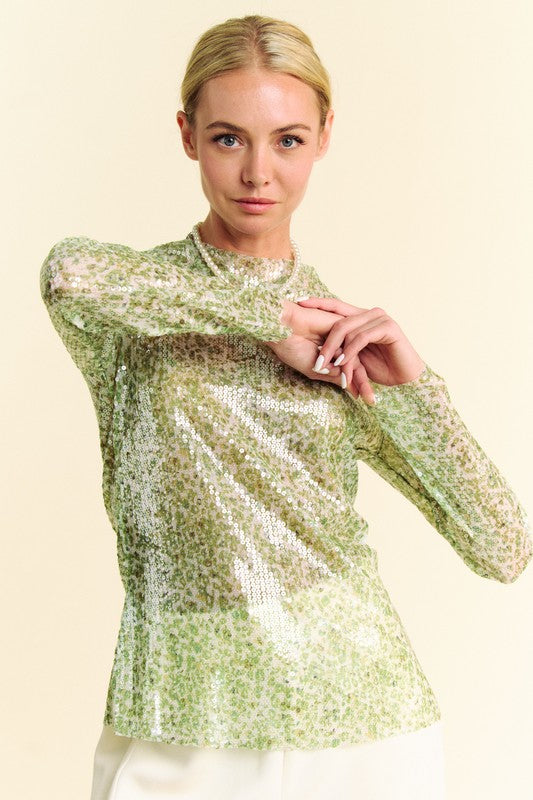 Davi & Dani Sequins Loose Mock Neck Long Sleeves Mesh Top | Sage