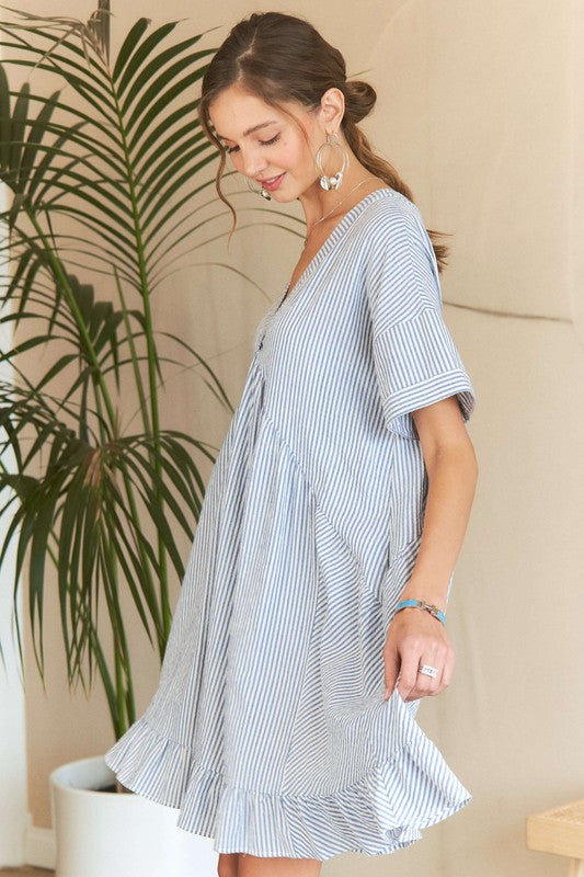 ADORA Ruffled Hem Striped V-Neck Striped Pattern Babydoll Dress | Light Blue