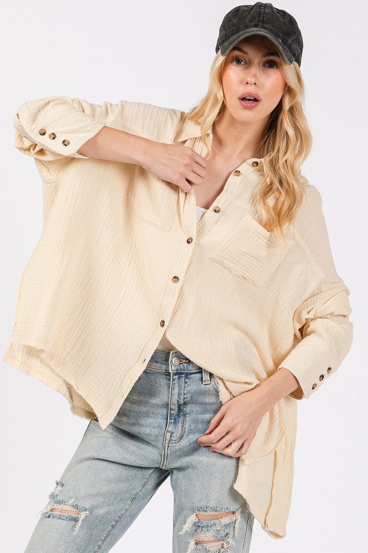 SAGE + FIG Frayed Hem Side Slit Button Down Shirt | Natural