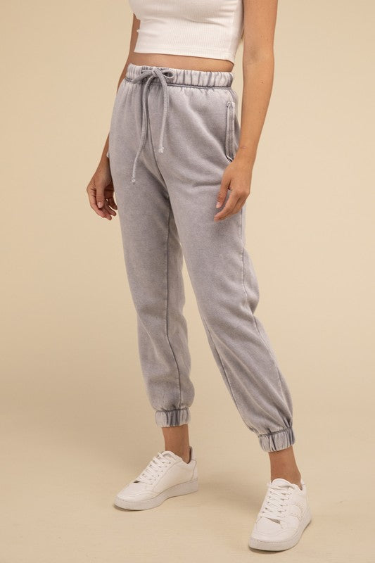 ZENANA Acid Wash Side Pockets Fleece Drawstring Cropped Sweatpants